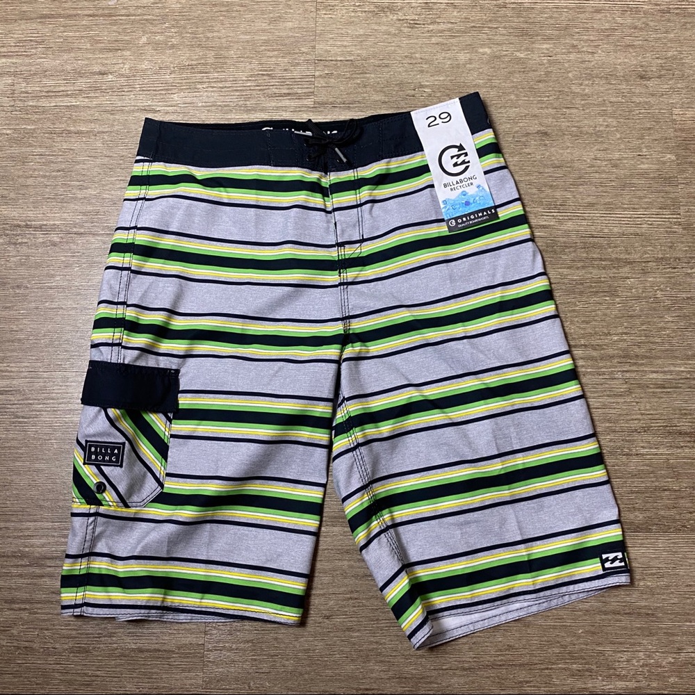 Green and Gray Striped Boys Swim Shorts